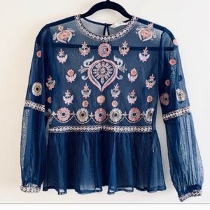 ⭐️5/$20 Zara Floral Embroidered Sheer Navy Blue Blouse